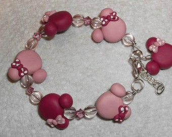 MINNIE in PINK Child Bracelet  Polymer Clay Swarovski Crystals Mouse Ears