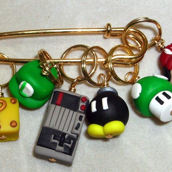 Stitch Markers MARIO   for Knit or Crochet set of 6 Luigi Bomb 1 up mushroom