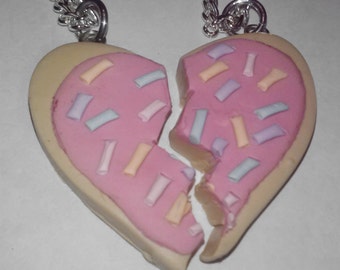 Sugar Cookie Best Friends Heart Pendant.  Besties on Necklace Book Mark Key Ring Polymer Clay