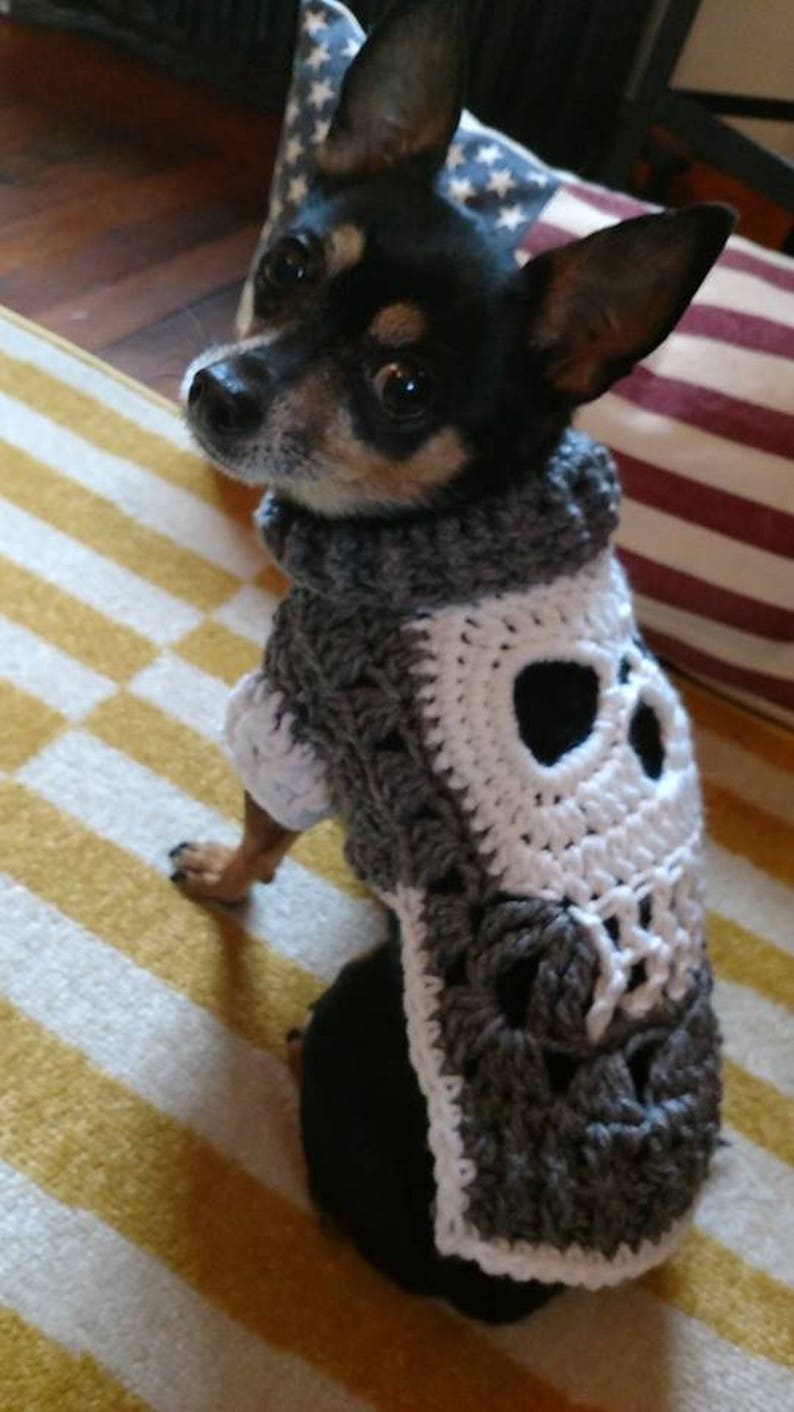 PATTERN 2 patterns in one. Make your own Skull sm/xs Dog Sweater Jacket Scarf or Any pet clothes from a Square motif crochet DIY Tutorial image 1