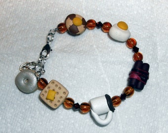 Child Bracelet BREAKFAST Growth chain and Swarovski Crystal Waffel Pancakes Coffee Eggs