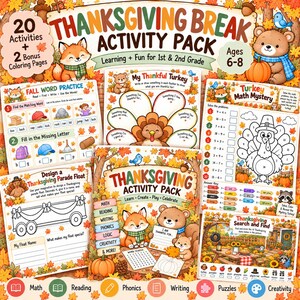 May include: A Thanksgiving Break Activity Pack for ages 6-8, featuring 20 activities and 2 bonus coloring pages. The collection includes worksheets for fall word practice, a turkey math mystery, a thankful turkey craft, and a parade float design page.