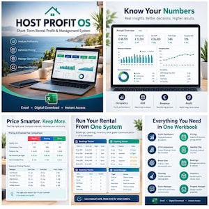 May include: A digital Host Profit OS short-term rental management system displayed on a laptop screen. The interface features an annual overview dashboard, pricing and channel fee comparisons, booking, cleaning, and inventory trackers in Excel.