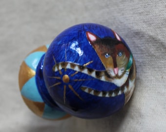 knob, hand painted cat knob, cats, star, painted cat, blue knob, painted decor, shabby chic handpainted interior, tabby cat with gold star.