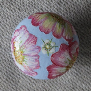 knob, knobs, dresser knob, large knobs, drawer pull, pale blue knob, pink flower, dog rose, wild flower decoupage and painted furniture knob