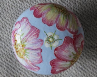 knob, knobs, dresser knob, large knobs, drawer pull, pale blue knob, pink flower, dog rose, wild flower decoupage and painted furniture knob