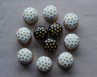 Knobs, dresser knobs, drawer pulls, handles, hand painted by Cathy Jane, neutral decor, black, gold, white polka dot knob, polka dot knobs.