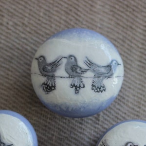 Puede incluir: Tres objetos decorativos redondos con base blanca y borde azul claro. Cada objeto presenta un diseño pintado a mano de pájaros posados ​​en un alambre. Las aves están representadas en tonos grises y negros.