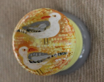 knobs, pulls, handles seaside birds, seagull knobs, beach hut decor, 3 cm knobs, yellow knob, grey knob, hand painted seagull handle pulls.