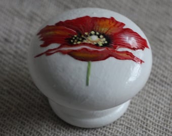 painted pulls, hand painted tulip, flower handles, white knobs, painted white knobs, red tulip pulls, dresser knob, upcycle furniture, pulls