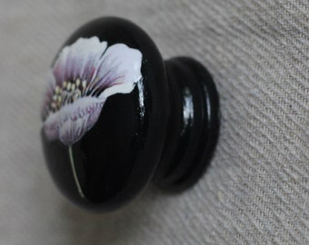 upcycle wood furniture, knobs, dresser knob, hand painted flower knob, black  knobs, wood dresser knob, chest of drawers, shabby chic decor.