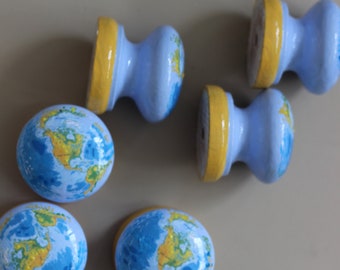 knob, blue knob, hand painted knob, globe knob, atlas knob, kids room decor, for wood and painted furniture, TRANSFORM & UP CYCLE furniture.