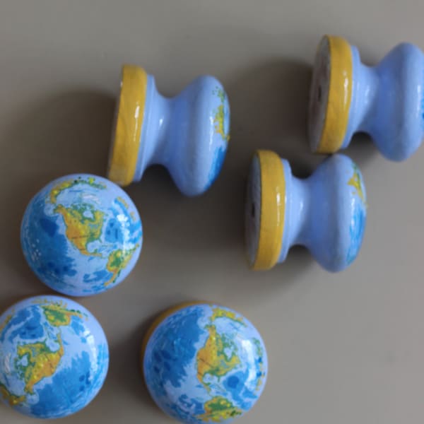 knob, blue knob, hand painted knob, globe knob, atlas knob, kids room decor, for wood and painted furniture, TRANSFORM & UP CYCLE furniture.