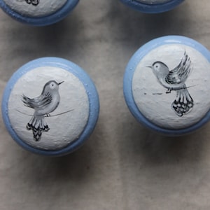 May include: Four blue and white painted wooden knobs with a bird design. Each knob features a white background with a blue rim and a black and gray bird perched on a branch.