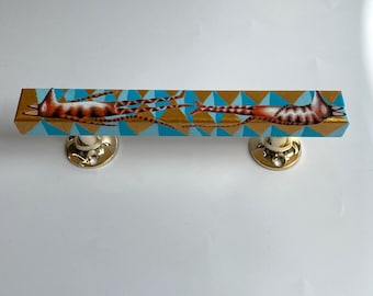 Handles, Pulls, Knobs, Large D Handle, Fox Design, Turquoise, Gold, Sleeping Foxes, Hand Painted Furniture, Upcycling Vintage Wood Chests.