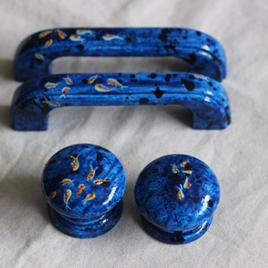 knob, knobs, dresser knobs, D handle, blue D handle, blue knob, blue knobs, blue decor, seaside decor, tetra fish, hand painted furniture.