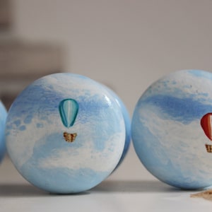knob, knobs, nursery room, children&#39;s room and playroom dresser and cabinet knobs, blue knob, clouds and blue sky, hot air balloon knob pull