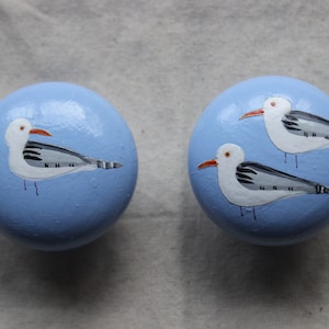 Può includere: Due pomelli rotondi in legno blu chiaro con gabbiani dipinti. Ogni pomello presenta un gabbiano bianco con segni neri e grigi e un becco rosso.