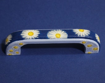 handles, pulls, cabinet and drawer painted D handles, flower design, daisy, painted daisy, blue handles, knobs and pulls for upcycling. knob