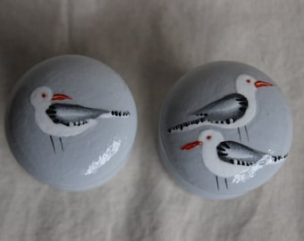 dresser knob, painted furniture, grey knobs, bird pull, seagull, grey, grey knob, neutral decor, seaside homes, bird design, painted knobs.