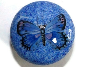 Beautiful blue butterfly dresser knob. speckle effect. handpainted and decoupage. For drawers,chests and dressers.