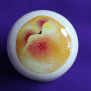 cabinet pull, dresser knob, fruit image, peach and plum, white knob, painted knob, decorative knob, kitchen decor, shabby kitchen knob knobs