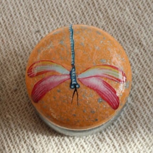 May include: Two round wooden ornaments featuring a painted dragonfly design. The dragonflies have pink and yellow wings and a blue body. The background of the ornaments is orange.