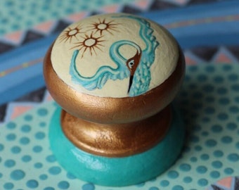 knobs for dressers, dresser knob, unique painted knob, turquoise, cream and gold knobs, bird and stars design, cabinet furniture knobs knob