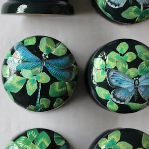 Peut inclure: Six boutons ronds en bois avec un fond vert foncé. Chaque bouton présente un motif différent d'un papillon bleu ou d'une libellule sur un lit de trèfles verts.