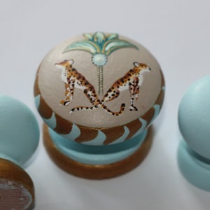 leopard knobs, handpainted knob, dresser knobs, mint, gold, green, knobs, decor, cat, big cat, leopard skin interior decor, mint handles.