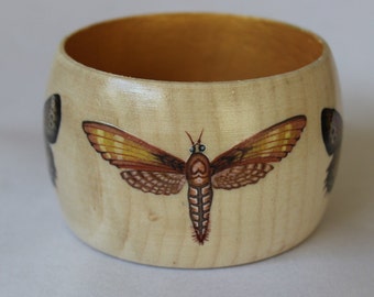 Pale Wood Bangle With Hand Painted Butterflies & Moths. Gold Painted Jewelry. Brown / Gold Cuff.