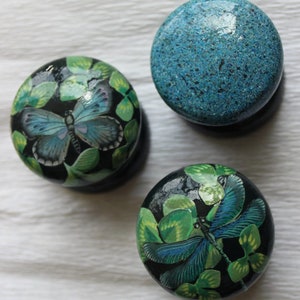 knob, furniture, drawer knobs, green knobs, blue knobs, butterfly knobs, dragonfly knob, dark green knob, painted furniture, painted knobs.