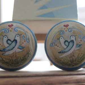 Shabby Chic Dresser - Cabinet Knobs. Love Birds Design. Hand painted. Turquoise-cream-yellow ochre. Vintage Look.