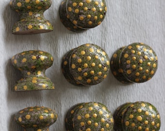 gold, green and brown dresser knobs and drawer pulls. speckle paint effect. Gold polka dots,moss green knobs, green decor, hand painted knob