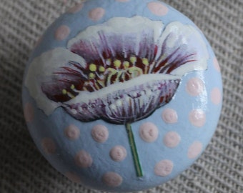 Large dresser knob, wood knob, painted knob, blue decor, pink flower, poppy, lilac pink purple decor, upscale junk furniture, drawer pulls.