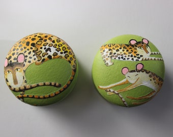 Knobs and Handles, Dresser and Drawer Knobs for Kid's Room, Big Cat Knob, Leopard Art, CUTE & UNIQUE, Hand Painted Mother and Baby Leopards.