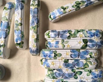D Handles For Upscaling & Recycling Old Furniture, Ikea Cabinets, Drawers, Cupboards. Blue Butterfly, White Flower, White And Blue D Handles