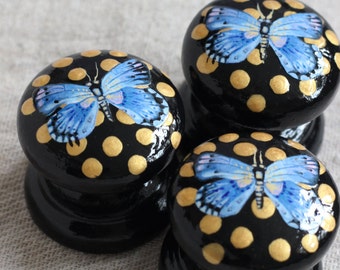 Black Gold Polka Dot Drawer Knobs, 45 mm Dia, Blue Butterfly Pulls and Handles.   These Knobs Are An Amazing Hack for IKEA Furniture.