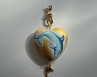 Pendant, Dolphin Pendant With 9CT Gold Charm For Jewelry Necklace Making. Hand Painted Wood Heart With Blue Dolphin.