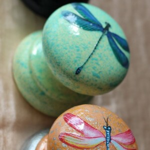 Może przedstawiać: Cztery malowane drewniane gałki z motywami ważek. Gałki są pomalowane w odcieniach zieleni, błękitu, ż&oacute;łci i pomarańczy. Każda gałka ma inny wz&oacute;r ważki.