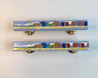 LARGE D Handles, Sea-Side Vista On Handle, Colorful Hand Painted Pulls For Chest of Drawers & Cabinets, Blue Pull 17 cm,   Pink, Red  Handle