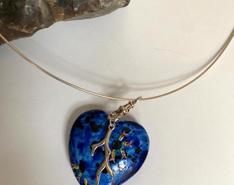 Choker Necklace, Deep Blue Painted Fish Pendant & Sterling Hoop With Sterling Silver 925 Seaweed Charm PLUS Sterling Albert Charm Holder.