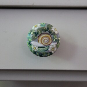 May include: A round cabinet knob with a snail design. The knob features a white snail with a brown and tan shell, surrounded by green leaves and white flowers. The knob is set against a light gray background.