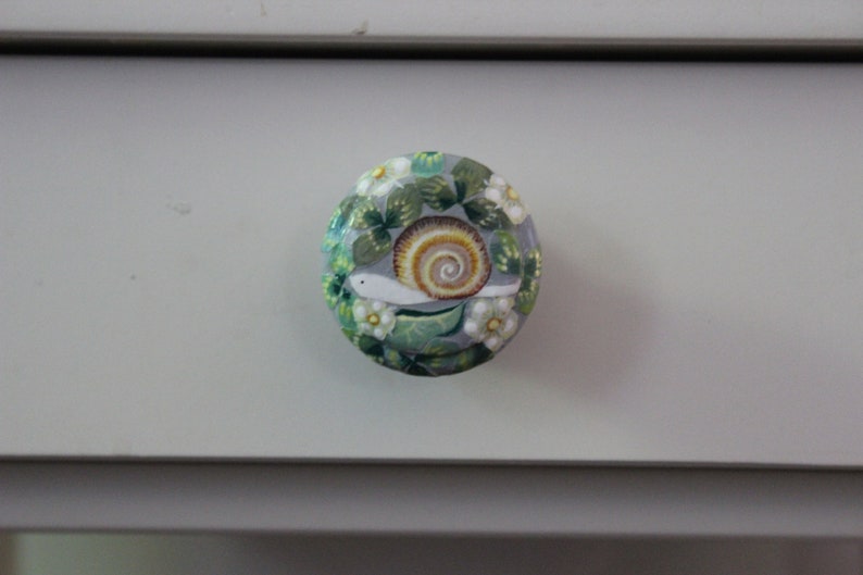 May include: A round cabinet knob with a snail design. The knob features a white snail with a brown and tan shell, surrounded by green leaves and white flowers. The knob is set against a light gray background.