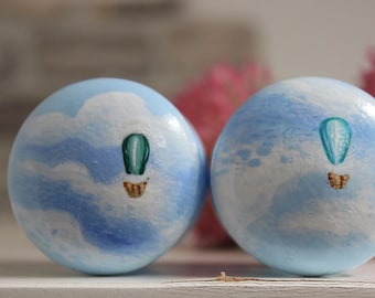 knob, knobs, nursery room, children's room and playroom dresser and cabinet knobs, blue knob, clouds and blue sky, hot air balloon knob pull