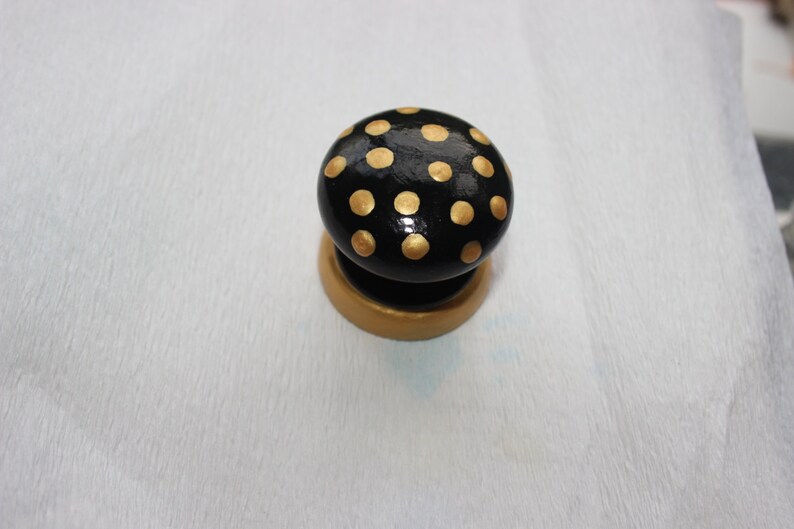 funky unique hand painted drawer pull knob neutral colours home decor modern natural decor black and gold dotty knob contrasting colour