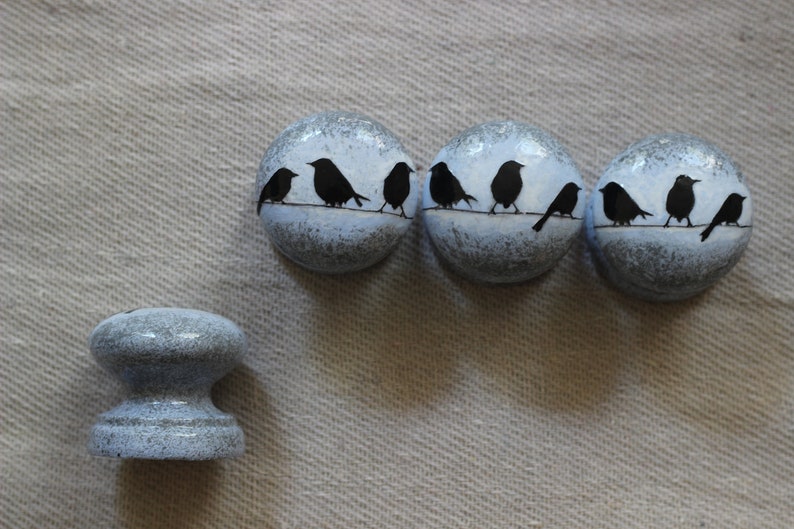 K&ouml;nnte beinhalten: F&uuml;nf runde, blaue und graue Kn&ouml;pfe mit schwarzen Silhouetten von V&ouml;geln auf einem Draht. Ein Knopf ist ein gr&ouml;&szlig;erer, runder, blauer und grauer Knopf.