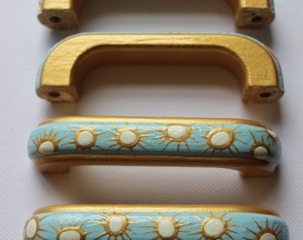 D handles for upcycling furniture, cabinet pulls, painted handles, gold, cream and turquoise. 50's inspired, luxury painted decor, mint gold