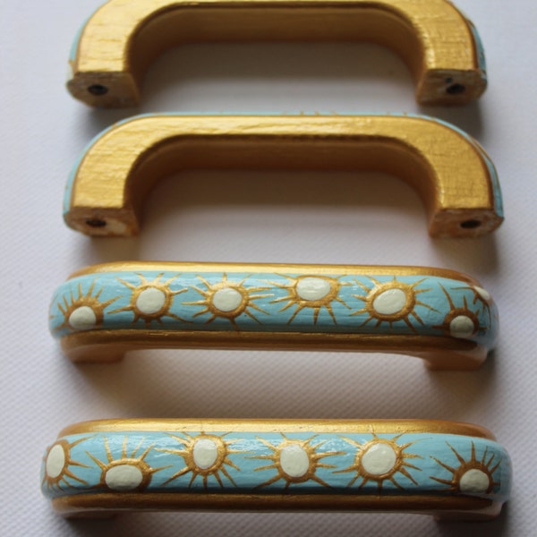 D handles for upcycling furniture, cabinet pulls, painted handles, gold, cream and turquoise. 50's inspired, luxury painted decor, mint gold