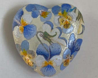 HANDPAINTED Bead. Large Wood Heart Shape Bead For Jewelry Making. Blue Purple Pansy Flower & Morning Glory Dragonfly 2 SIDED Painted Pendant